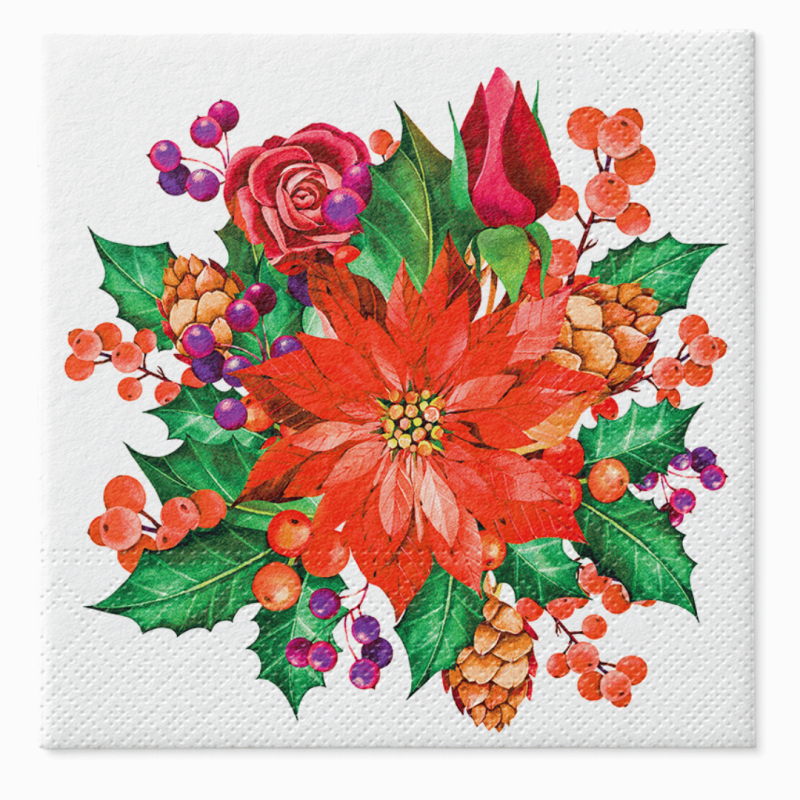 SERWETKI papierowe POINSETTIA WITH CONES z BIBUŁY 3 warstwowe 33x33cm pakiet 20szt na Boże Narodzenie Święta